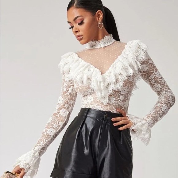 SHEIN Dot Mesh Insert Ruffle Trim Lace Top - Picture 1 of 6